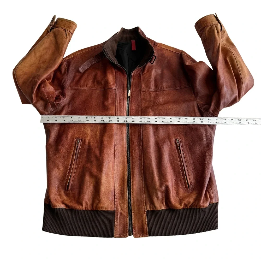 Peruzzi VTG Italian Distressed Leather‎ Cognac Brown Bomber Jacket IT 56 US XL